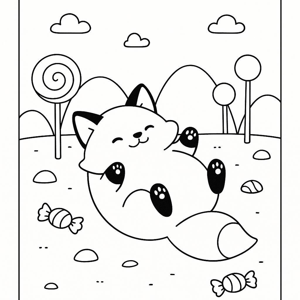 Coloring page of a smoosh squishy animal, plump fox rolling around