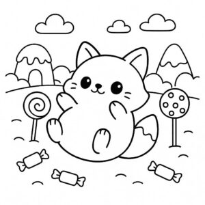 Coloring page of a smoosh squishy animal, plump fox rolling around