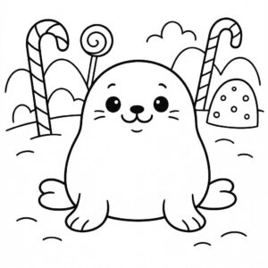 Coloring page of a smoosh squishy animal, puffy seal sitting happily