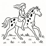 Page de coloriage d&rsquo;un étalon, champion de course, une femme montant à cru dans une prairie