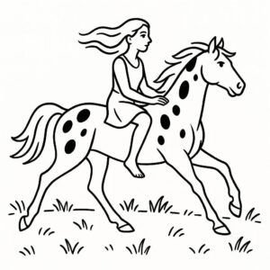 Coloring page of a stallion, racing champion a woman riding bareback through a meadow