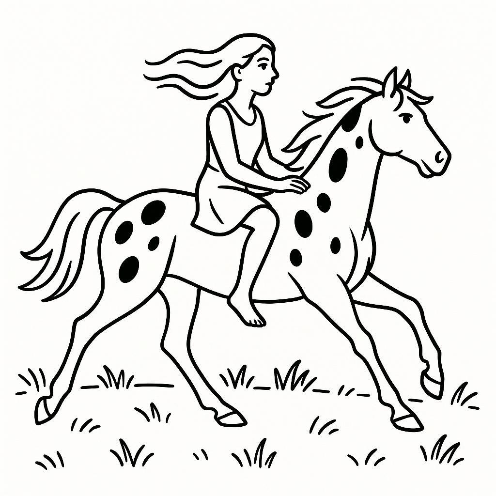 Coloring page of a stallion, racing champion a woman riding bareback through a meadow