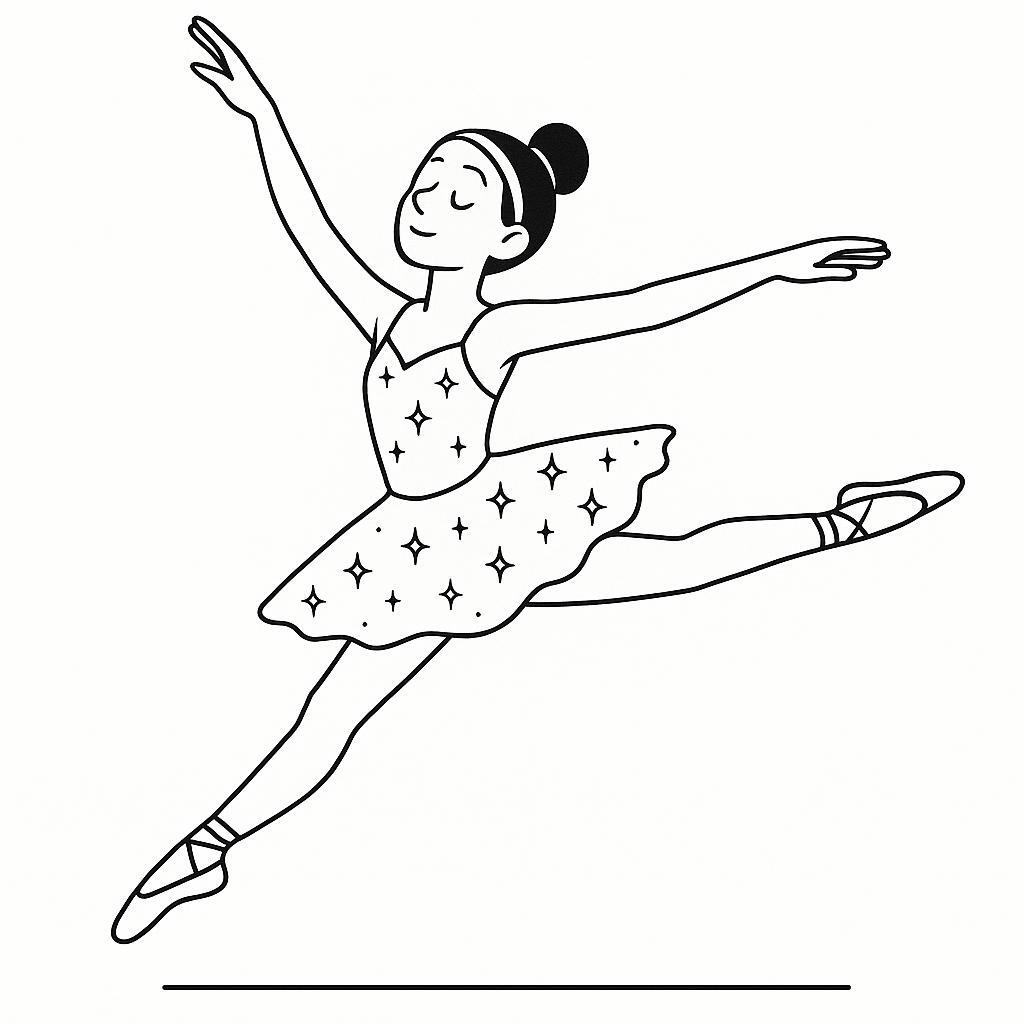 Coloring page of a street dancer, ballet performer leaping across the stage