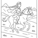 Coloring page of a Thoroughbred girl riding a horse, fantasy warrior princess galloping across a meadow