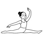 Page de coloriage d’un artiste traditionnel, danseur contemporain effectuant un écart