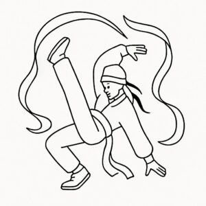 Coloring page of a traditional performer, hip-hop dancer stretching