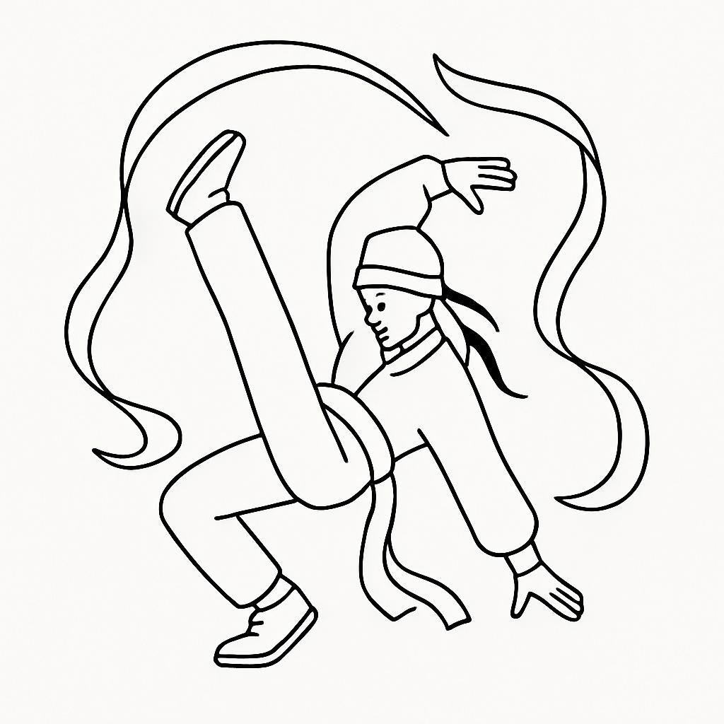 Coloring page of a traditional performer, hip-hop dancer stretching