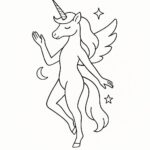 Page à colorier d&rsquo;une licorne, esprit céleste posant avec grâce