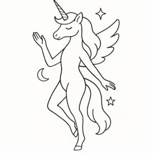 Coloring page of a unicorn, celestial spirit posing gracefully