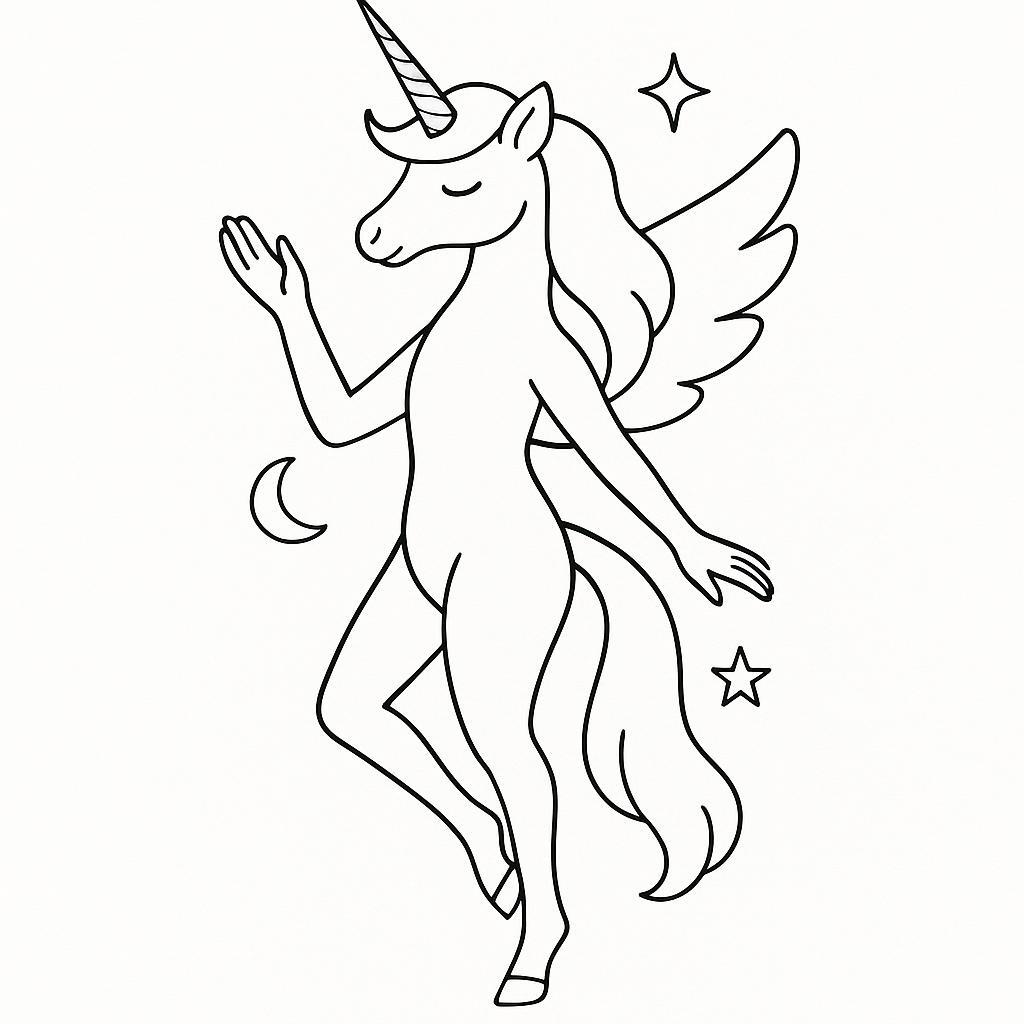 Coloring page of a unicorn, celestial spirit posing gracefully