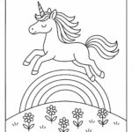 Page à colorier d’une licorne, gardienne de la forêt sautant par-dessus un arc-en-ciel