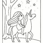 Page à colorier d&rsquo;une licorne, cavalier de l&rsquo;arc-en-ciel contemplant les étoiles