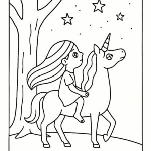 Coloring page of a unicorn, rainbow rider gazing at the stars