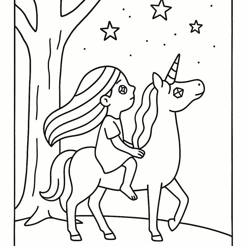 Coloring page of a unicorn, rainbow rider gazing at the stars