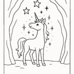 Page de coloriage d’une licorne, chasseuse d’étoiles regardant les étoiles