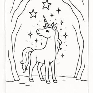 Coloring page of a unicorn, star chaser gazing at the stars