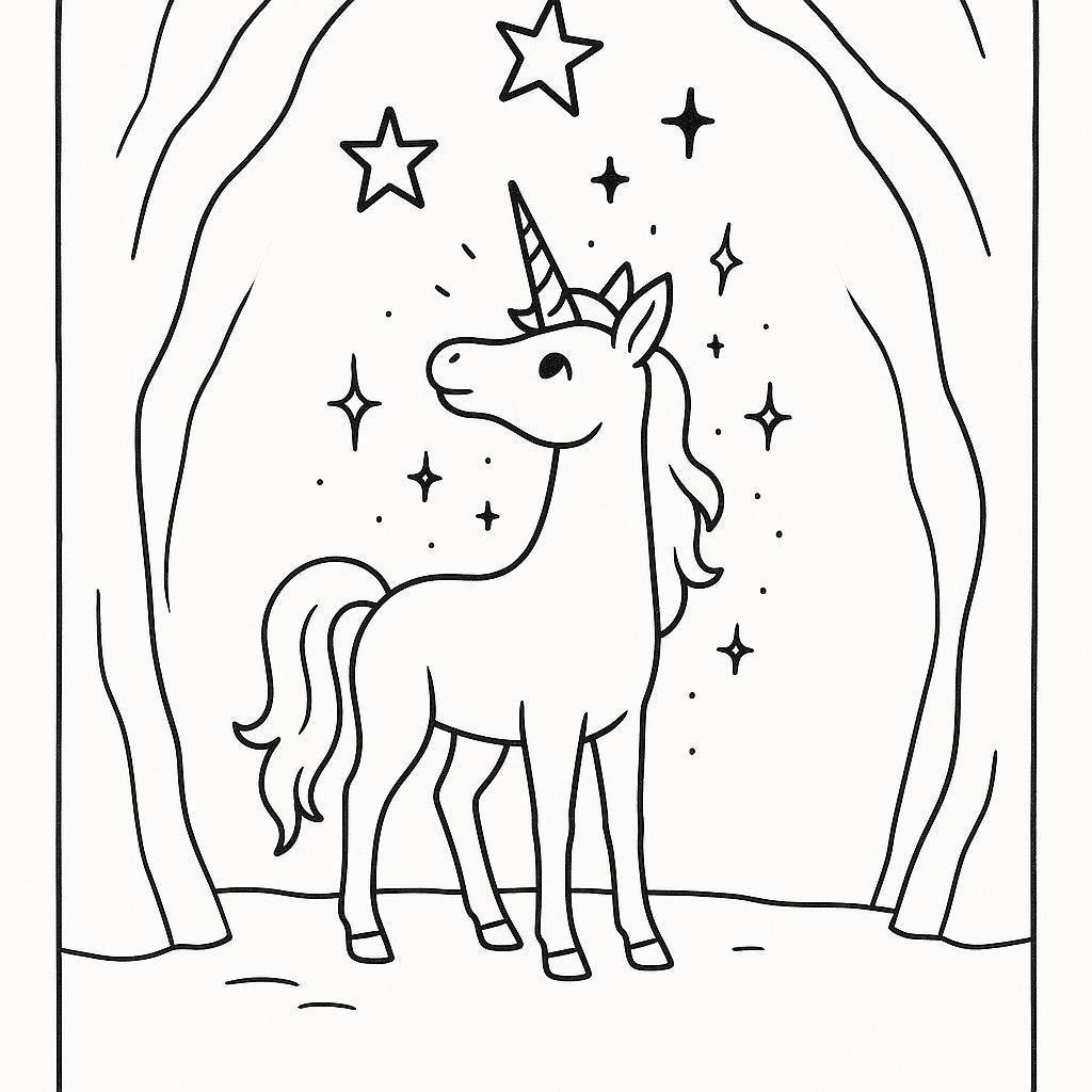 Coloring page of a unicorn, star chaser gazing at the stars