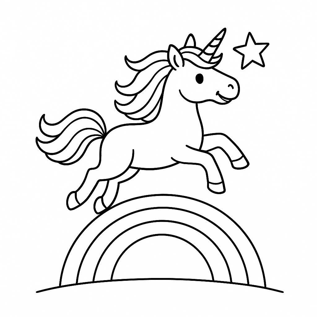 Coloring page of a unicorn, star chaser leaping over a rainbow