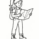 Coloring page of a woman adventurer, adventurous traveler looking at a map
