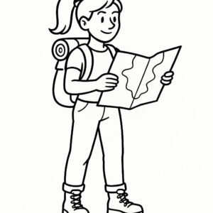Coloring page of a woman adventurer, adventurous traveler looking at a map