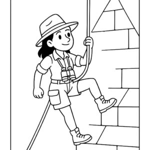 Coloring page of a woman treasure seeker, archaeologist scaling a cliff with ropes
