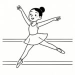 Page à colorier d’une jeune ballerine, danseuse contemporaine sautant en plein air
