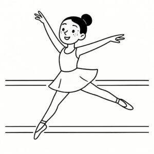 Coloring page of a young ballerina, contemporary dancer jumping mid-air