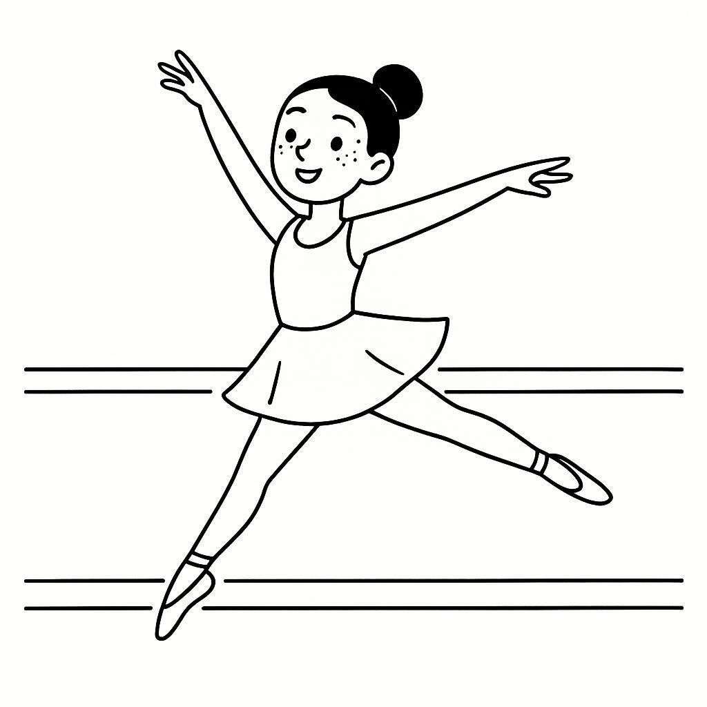 Coloring page of a young ballerina, contemporary dancer jumping mid-air