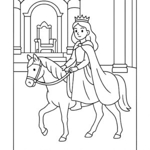 Coloring page of a young queen, brave heroine riding a white horse