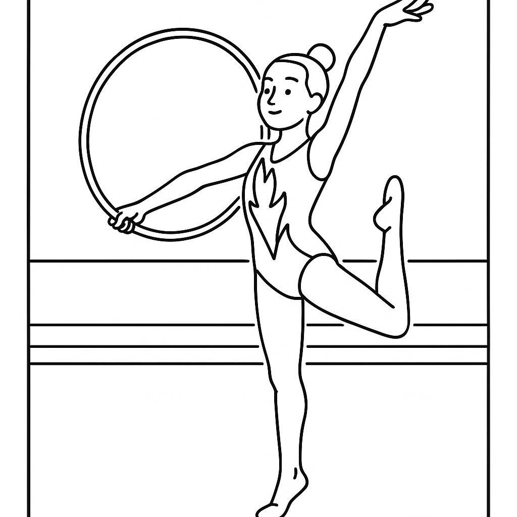 Coloring page of a acrobat performer, rhythmic gymnast posing with a hoop