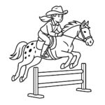 Page à colorier d&rsquo;une fille Appaloosa chevauchant un cheval, athlète équestre sautant par-dessus une clôture.