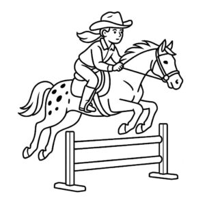 Coloring page of a Appaloosa girl riding a horse, equestrian athlete jumping over a fence