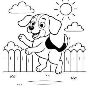 Coloring page of a Beagle dog, energetic pup jumping in excitement