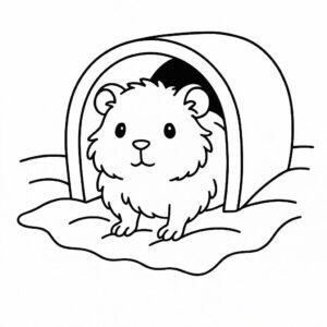 Coloring page of a cavy, fluffy friend peeking from a tunnel