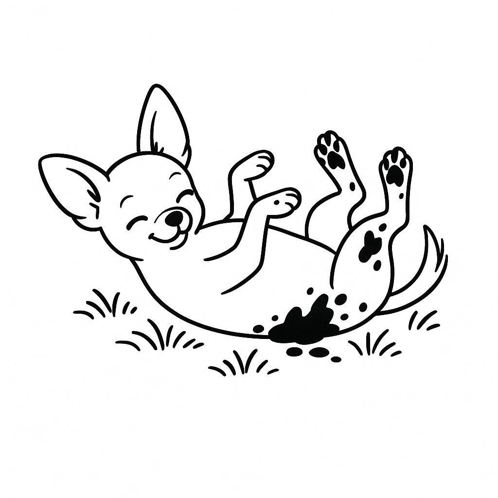 Coloring page of a Chihuahua dog, loyal companion rolling on the grass