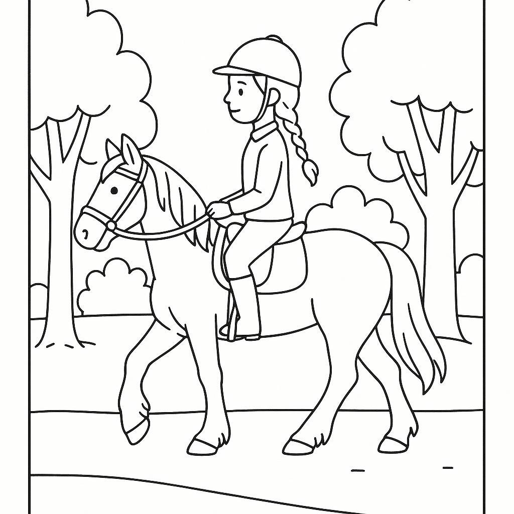 Coloring page of a Clydesdale girl riding a horse, equestrian athlete riding through a forest
