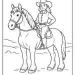 Page à colorier d’une jeune femme Clydesdale à cheval, cowgirl posant fièrement avec son cheval