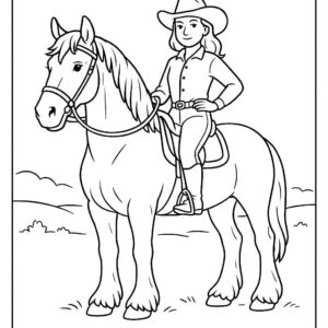 Coloring page of a Clydesdale young woman on horseback, cowgirl posing proudly with her horse