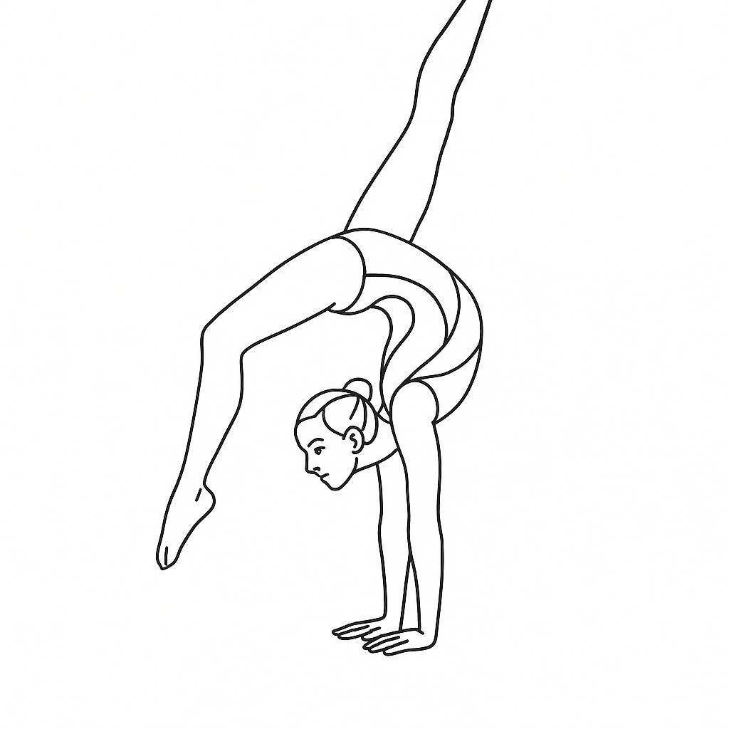 Coloring page of a competitive gymnast, aerial silk performer performing a handstand