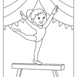 Page de coloriage d&rsquo;une gymnaste compétitive, gymnaste artistique équilibrant sur une poutre