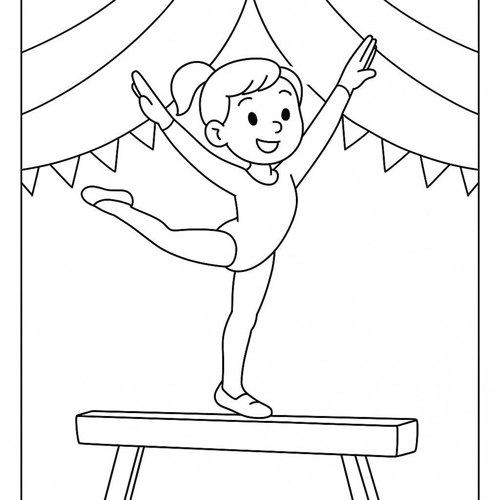 Coloring page of a competitive gymnast, artistic gymnast balancing on a beam