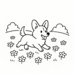 Page à colorier d&rsquo;un chien Corgi, chiot énergique courant dans un parc