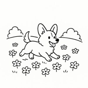 Coloring page of a Corgi dog, energetic pup running in a park