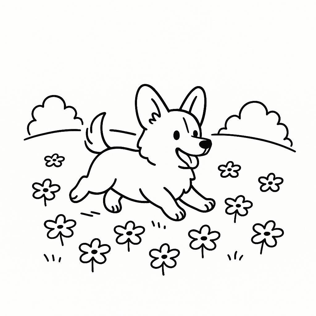 Coloring page of a Corgi dog, energetic pup running in a park