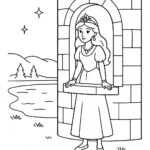 Page à colorier d&rsquo;une héroïne de conte de fées, charmante dirigeante regardant par la fenêtre d&rsquo;une tour