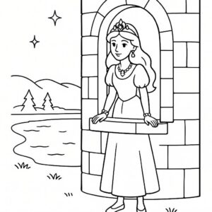 Coloring page of a fairy-tale heroine, charming leader looking out of a tower window