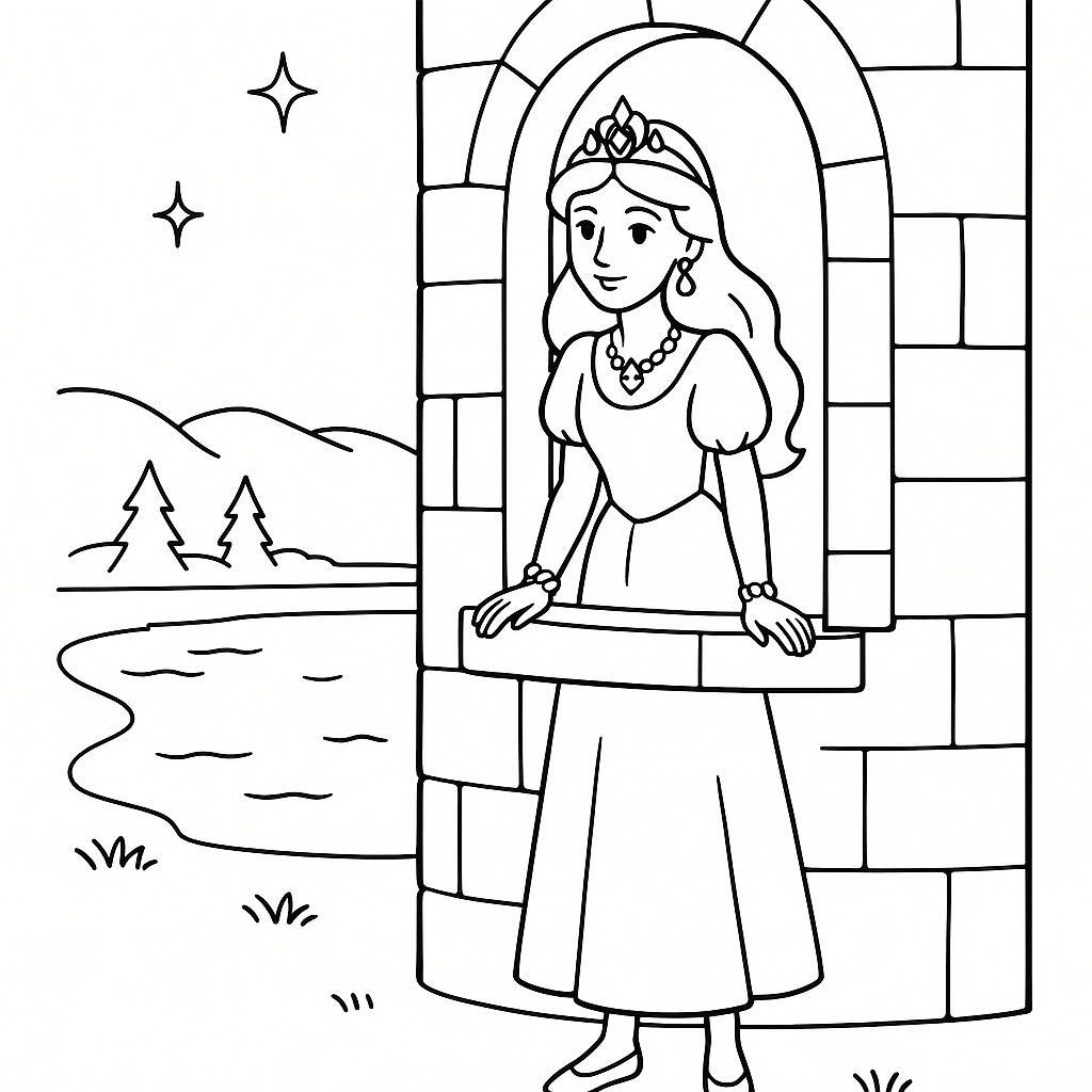 Coloring page of a fairy-tale heroine, charming leader looking out of a tower window
