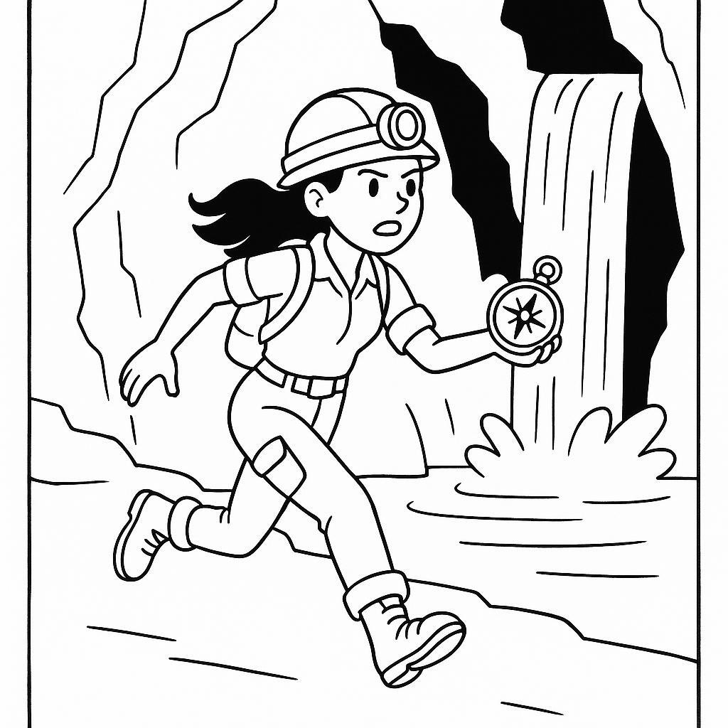 Coloring page of a fearless heroine, cave explorer running from danger