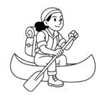 Page de coloriage d&rsquo;une héroïne intrépide, enquêtrice de ruines, pagayant dans un canoë