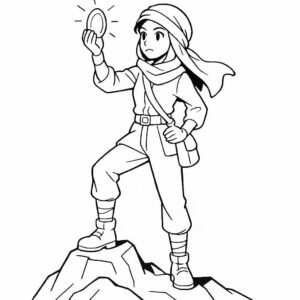 Coloring page of a female archaeologist, desert nomad standing on a mountain peak